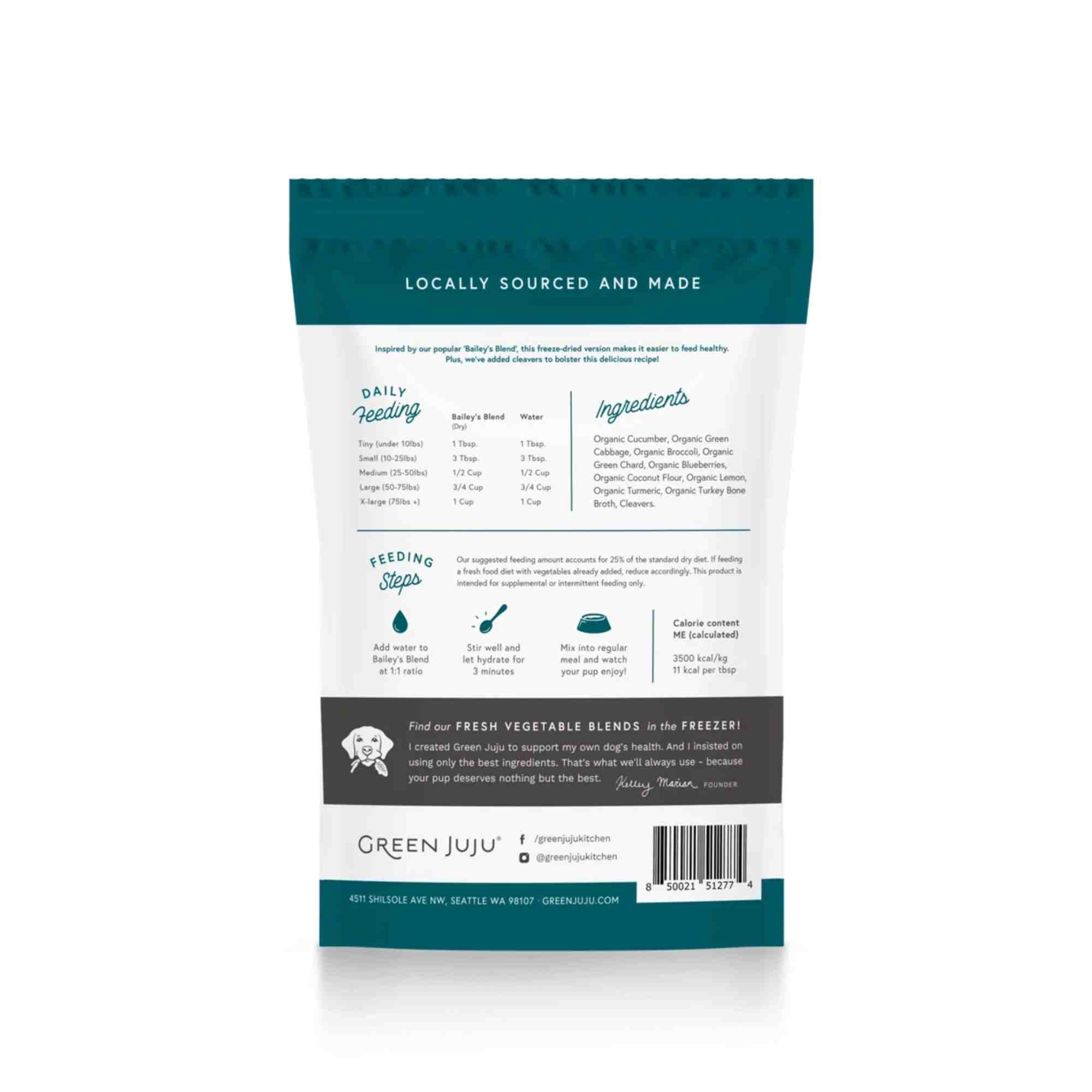 Bailey_s Blend with Cleavers - Freeze Dried Vegetale Blend for Dogs and Cats by Green Juju in a 1.75oz bag with ingredient list and feeding reccommendation