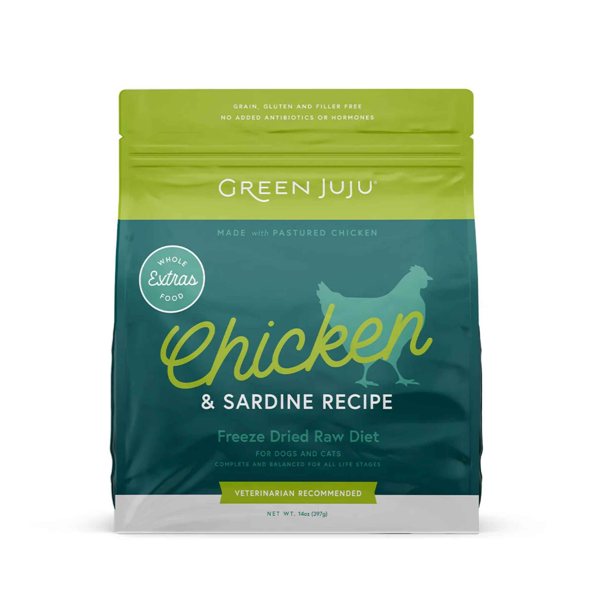 Green Juju freeze dried raw chicken and sardine recipe pet food package on a white background