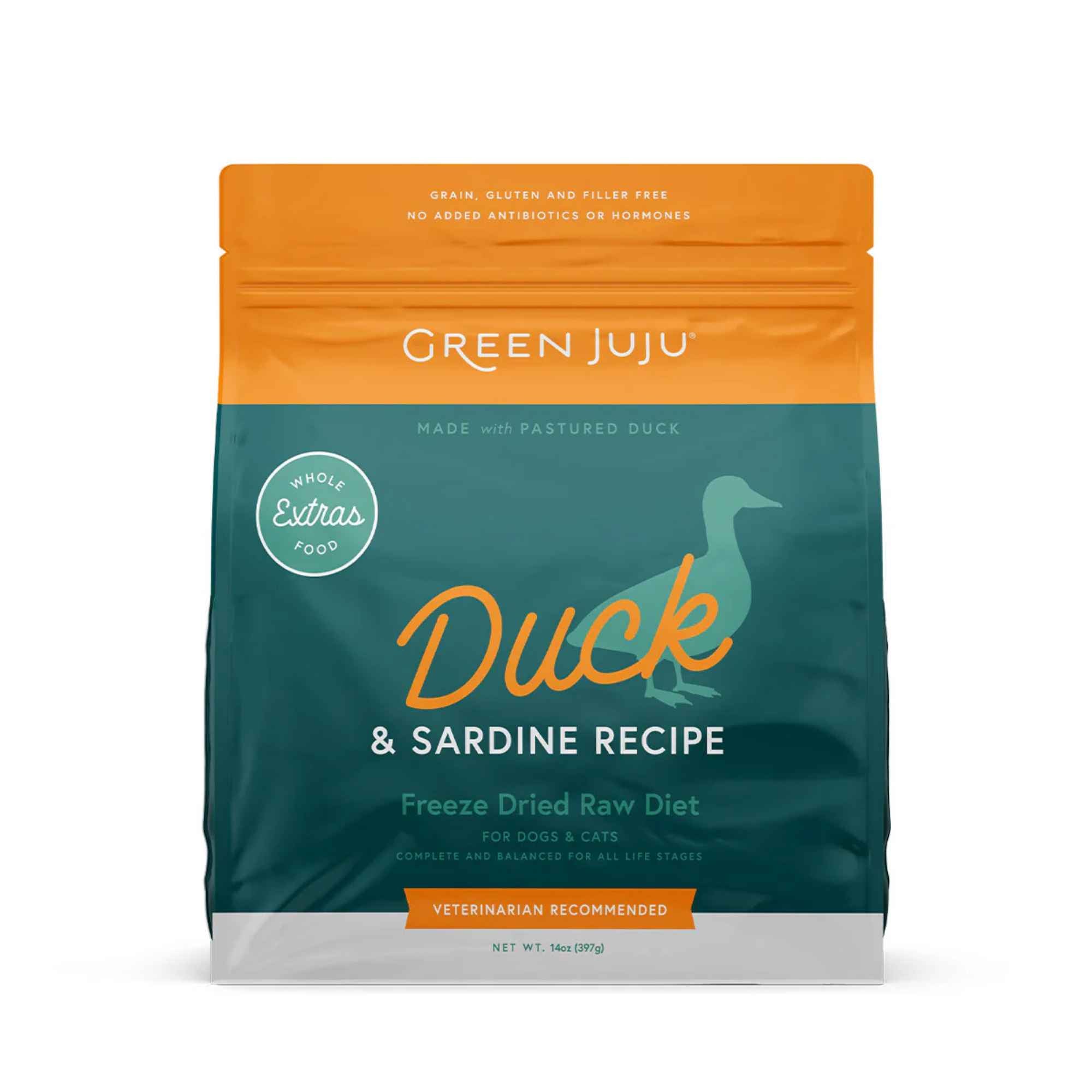 Green Juju freeze dried raw Duck & Sardine Recipe package on a white background