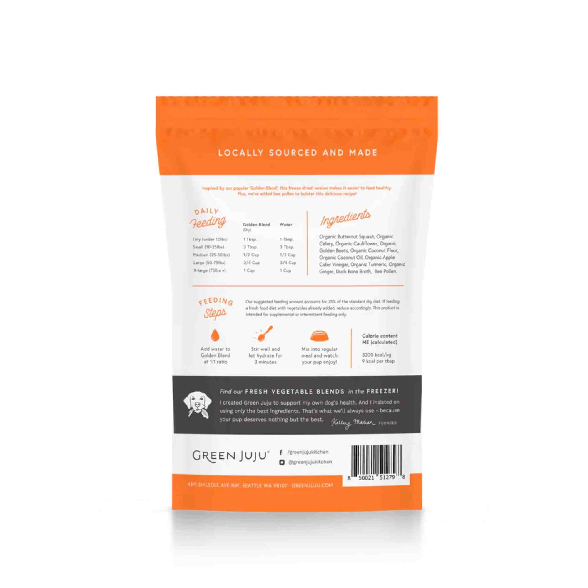 Golden Blend with Bee Pollen Freeze Dried Vegetable Blend in a 1.75oz bag by Green Juju with Ingredient List and feeding recommendation