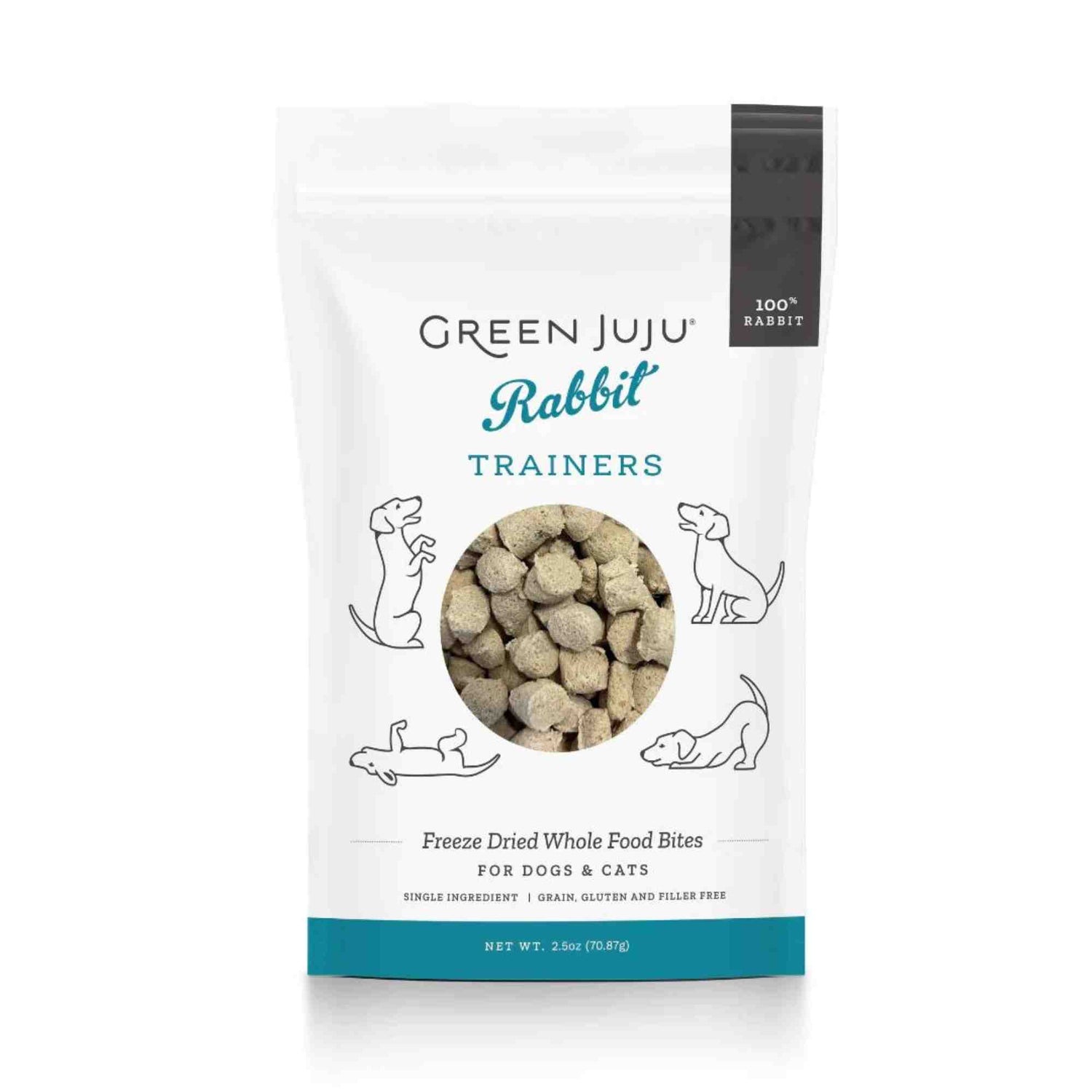 abbit trainers freeze dried whole food bites for dogs and cats single ingredient front of bag - green juju