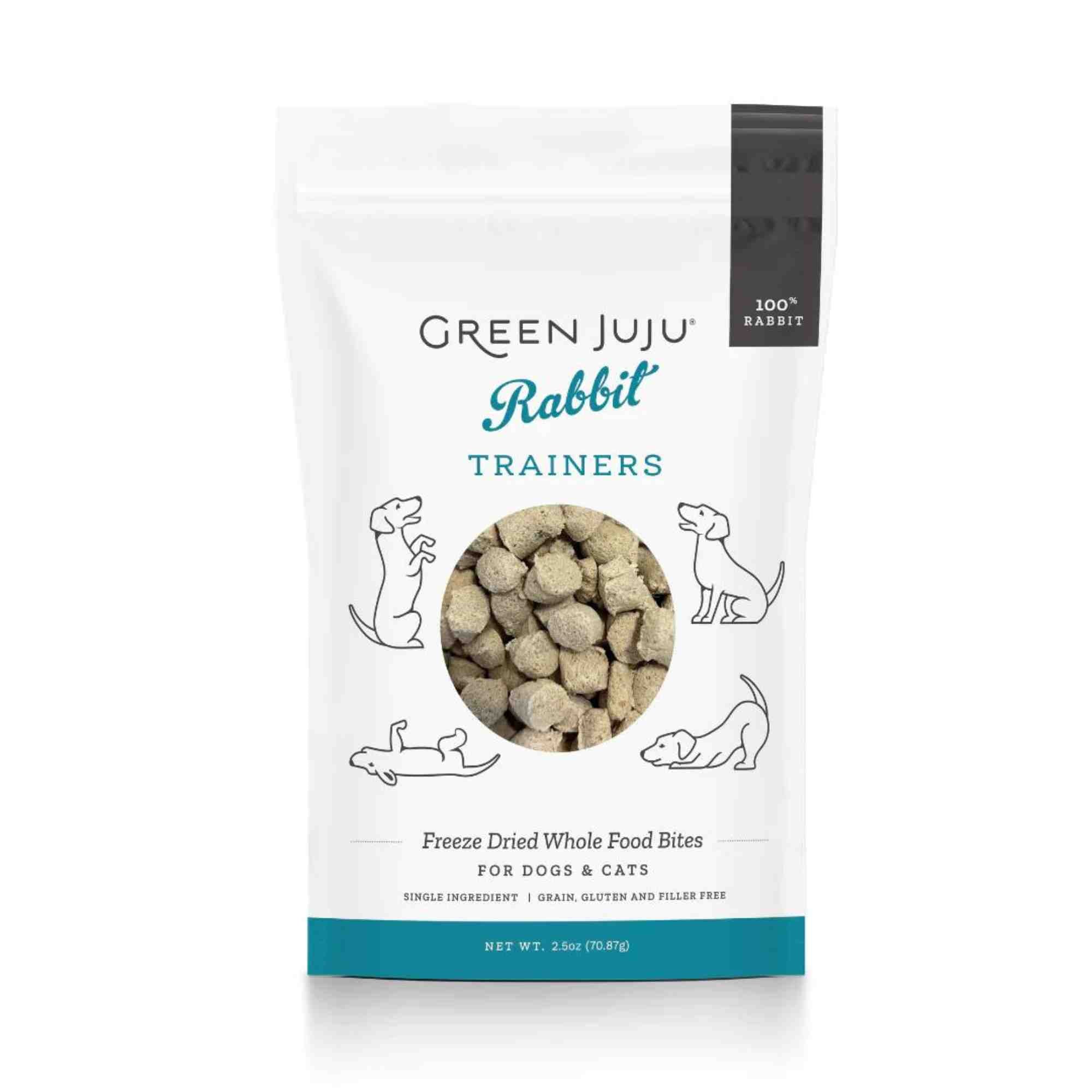 abbit trainers freeze dried whole food bites for dogs and cats single ingredient front of bag - green juju