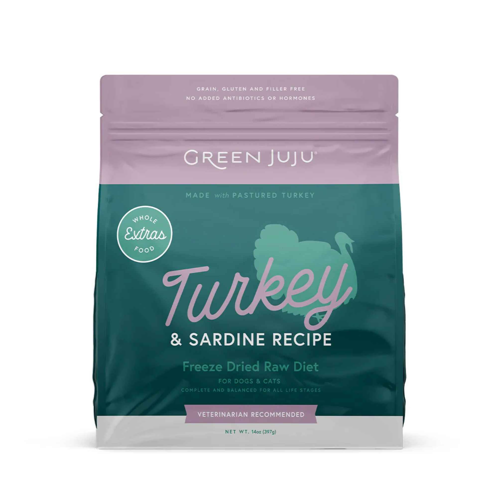 Green Juju Turkey & Sardine freeze dried raw Recipe package on a white background