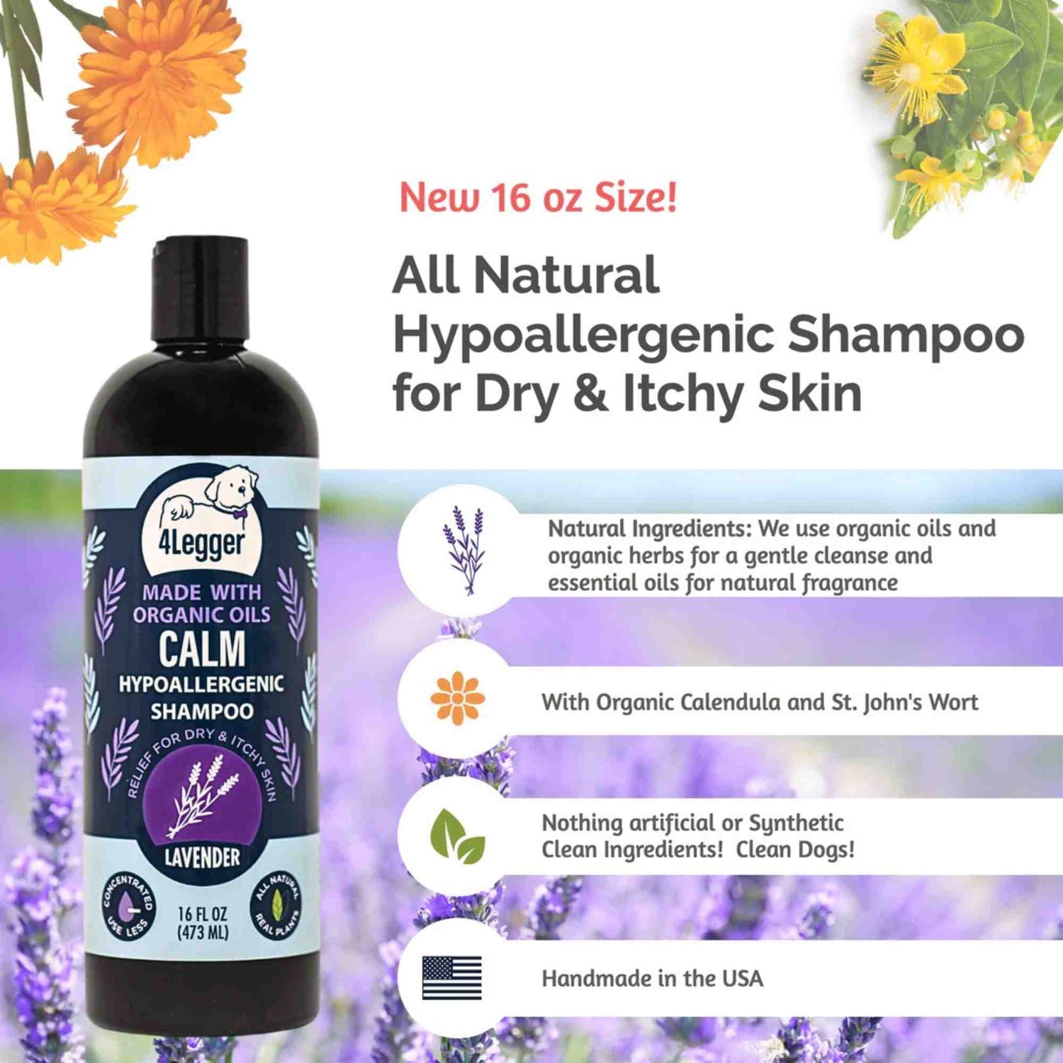 4-legger usda certified organic dog shampoo 16 oz bottle calm organic lavender dog shampoo with calendula and st john&