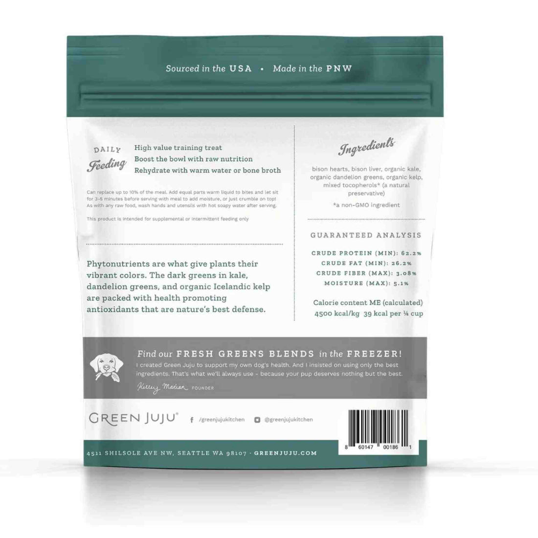 Bison Green Freeze Dried Whole Food bites for dogs and cats back of bag with feeding instructions and ingredients green juju