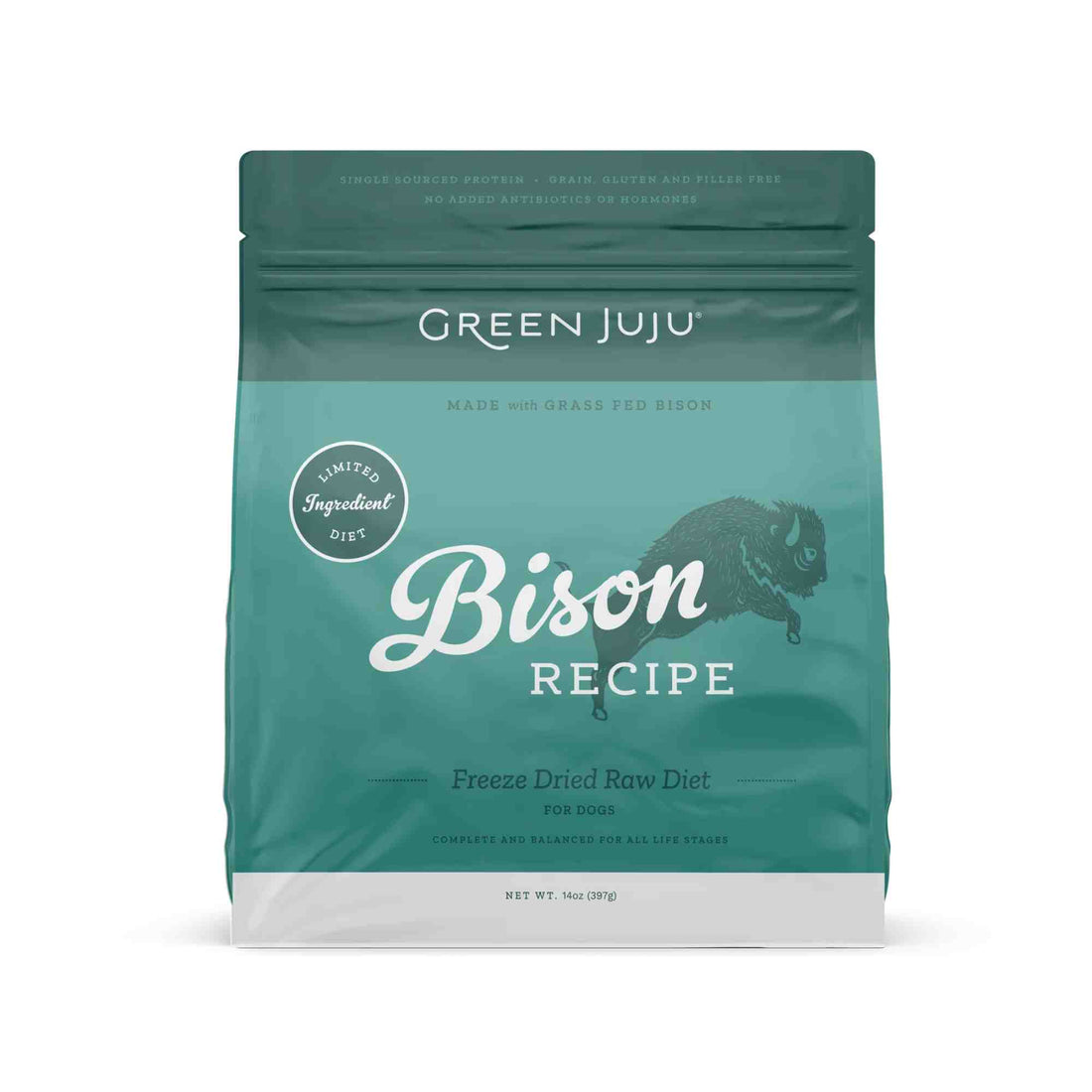 Bison Recipe - Freeze Dried Raw for dogs  complete and balanced green juju front of bag