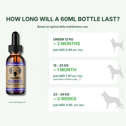 An informational infographic for mycodog breathe mushrooms showing a 60ml dropper bottle on a pale green background with text explaining bottle lifespan based on dog weight and daily maintenance use.