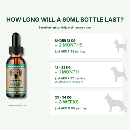 An informational infographic for PMycodog Digest mushrooms, showing a 60ml dropper bottle on the left and three white panels on the right detailing bottle lifespan based on dog weight and daily dosage.
