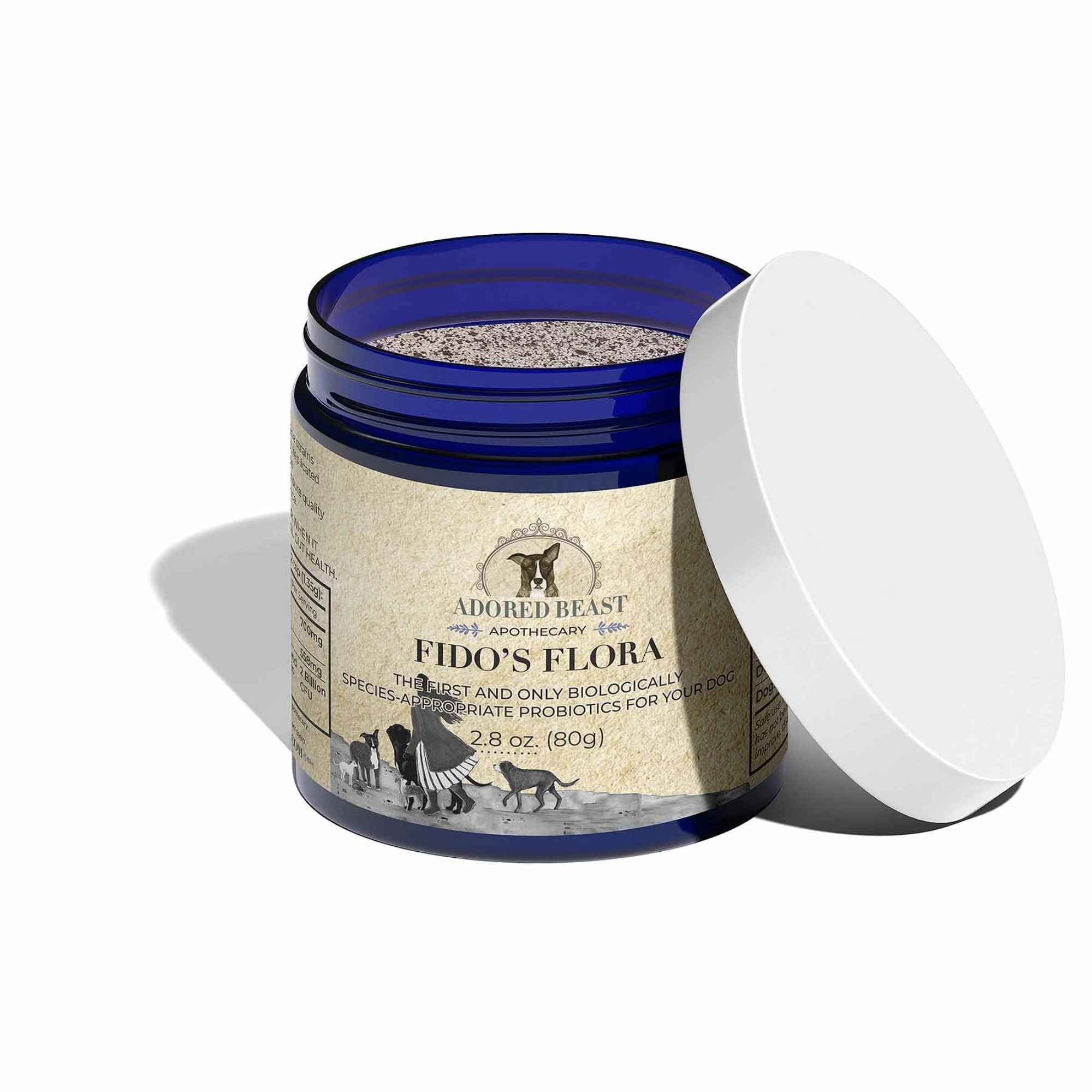Fido's Flora Canine Specific Probiotic for Dogs Jar with Lid Off and Powder