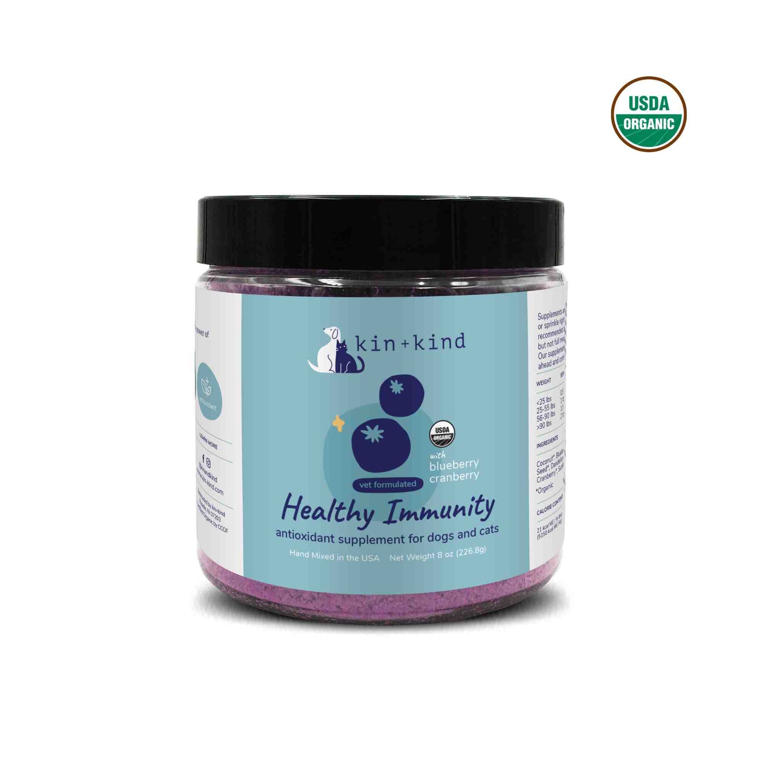 Healthy immunity antioixidant supplement for dogs and cats with blueberries and cranberries usda organic front of jar