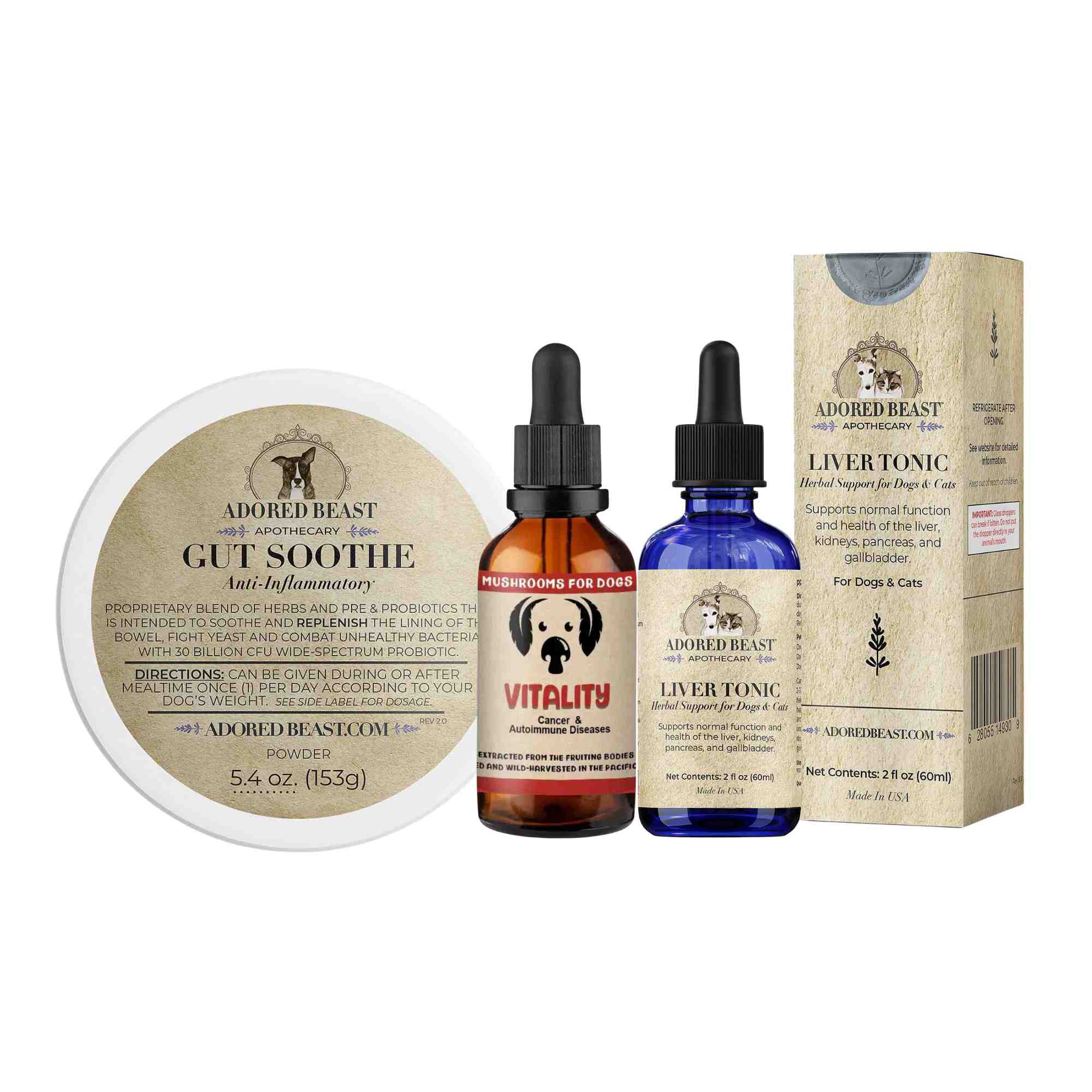 Pawdega immunity wellness bundle including gut soothe, vitality, and liver tonic