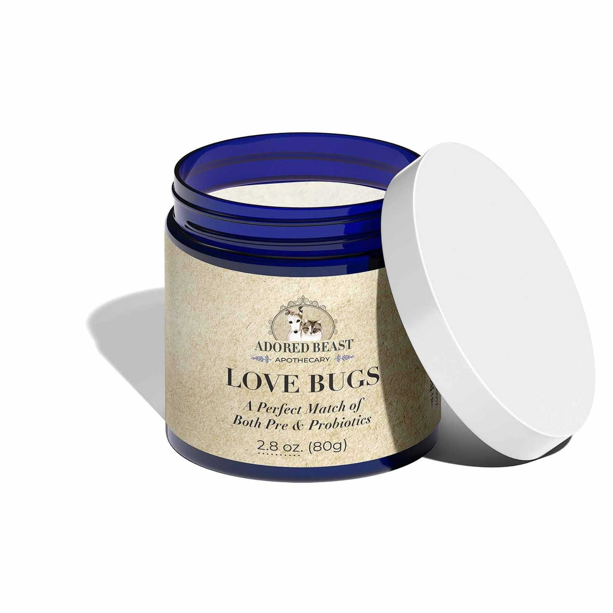 Adored Beast Love Bugs Probiotic for Dogs and Cats Jar with Lid off and Powder