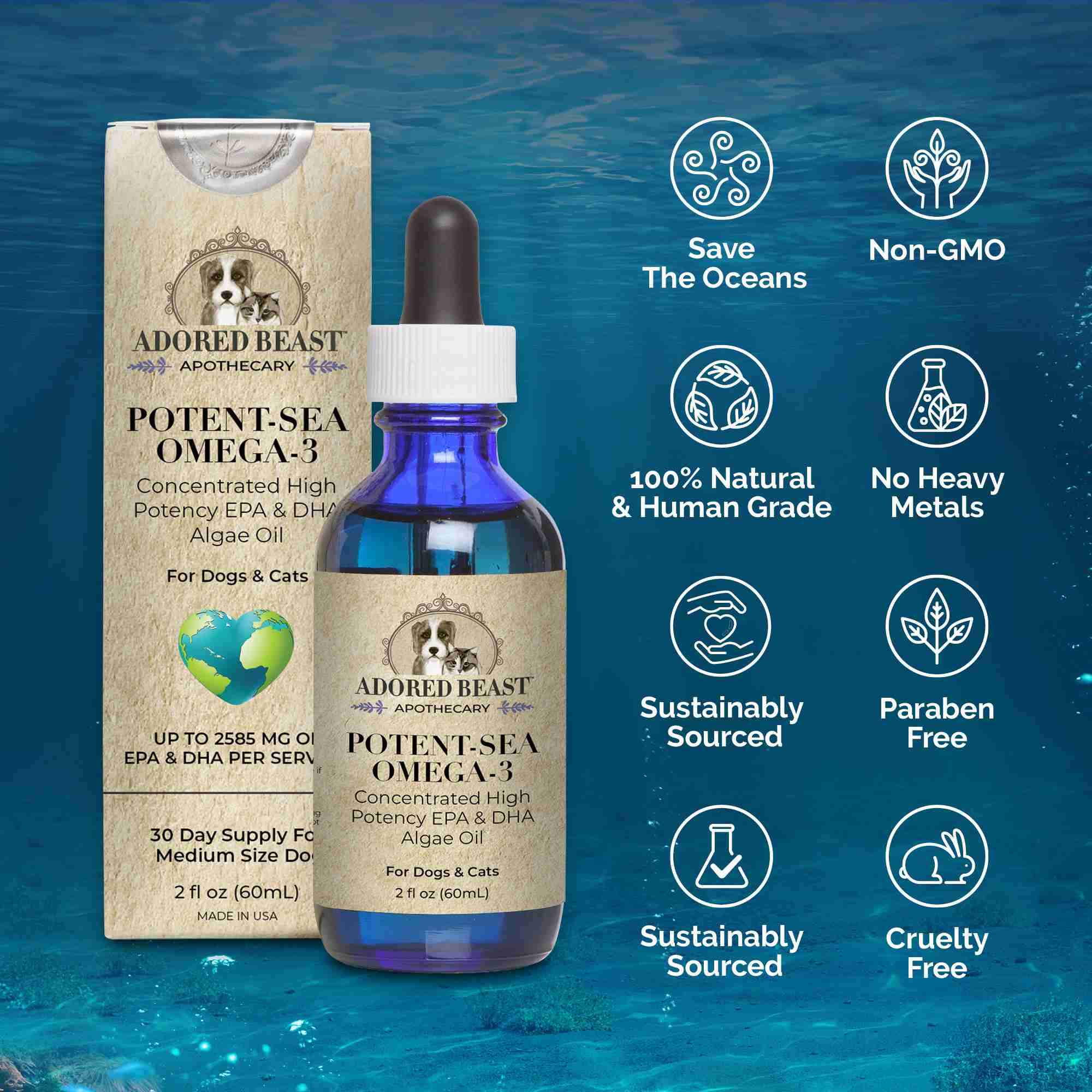 Potent Sea Omega 3 Algae Oil 60ml Adored Beast EPA DHA Information Sheet