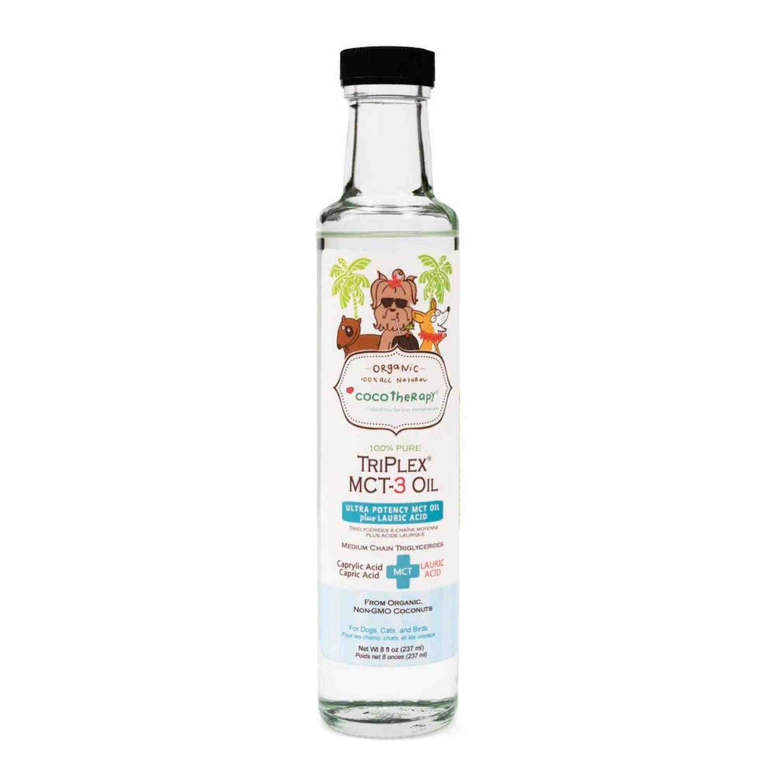 Triplex MCT3 Oil Front of bottle by cocotherapy 8oz. made from organic coconuts