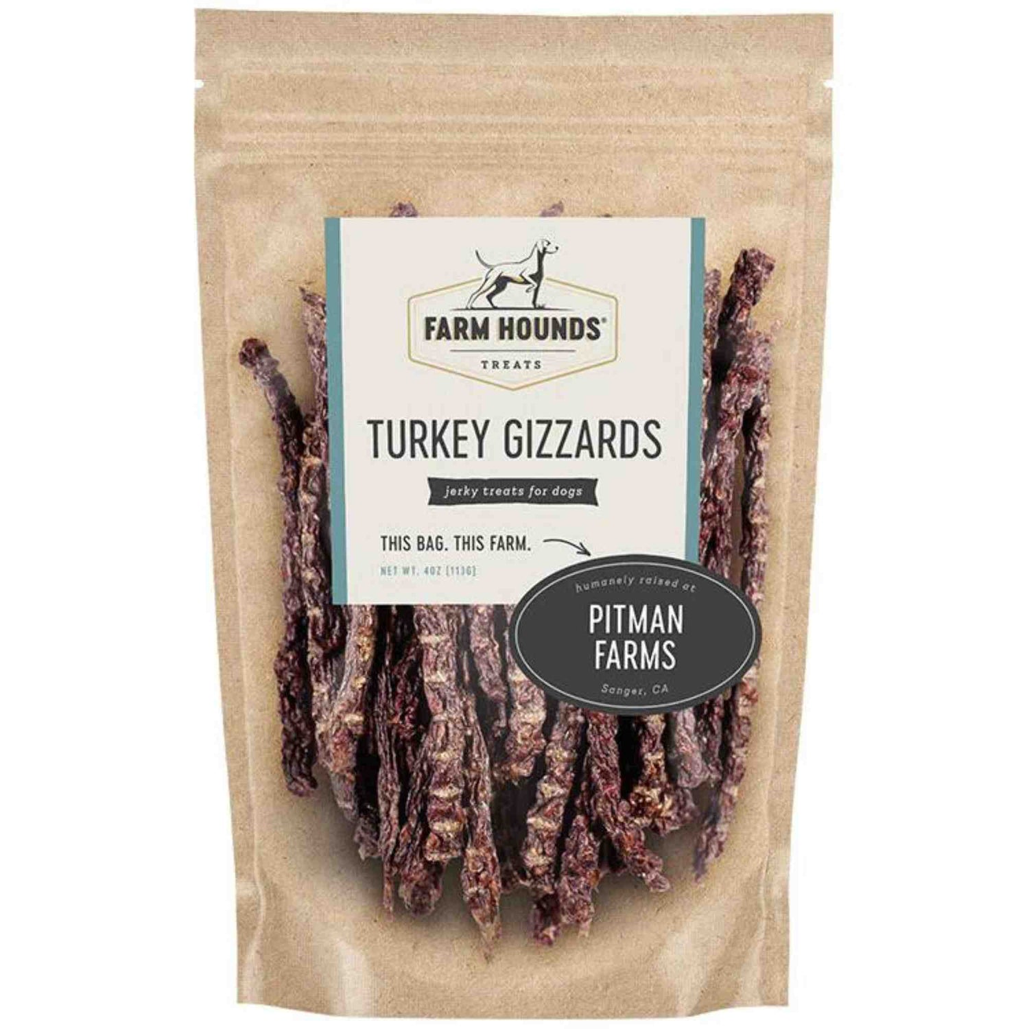 Turkey Gizzard Sticks 4oz front Dehydrated Dog treat chew pitman farms Farm Hounds