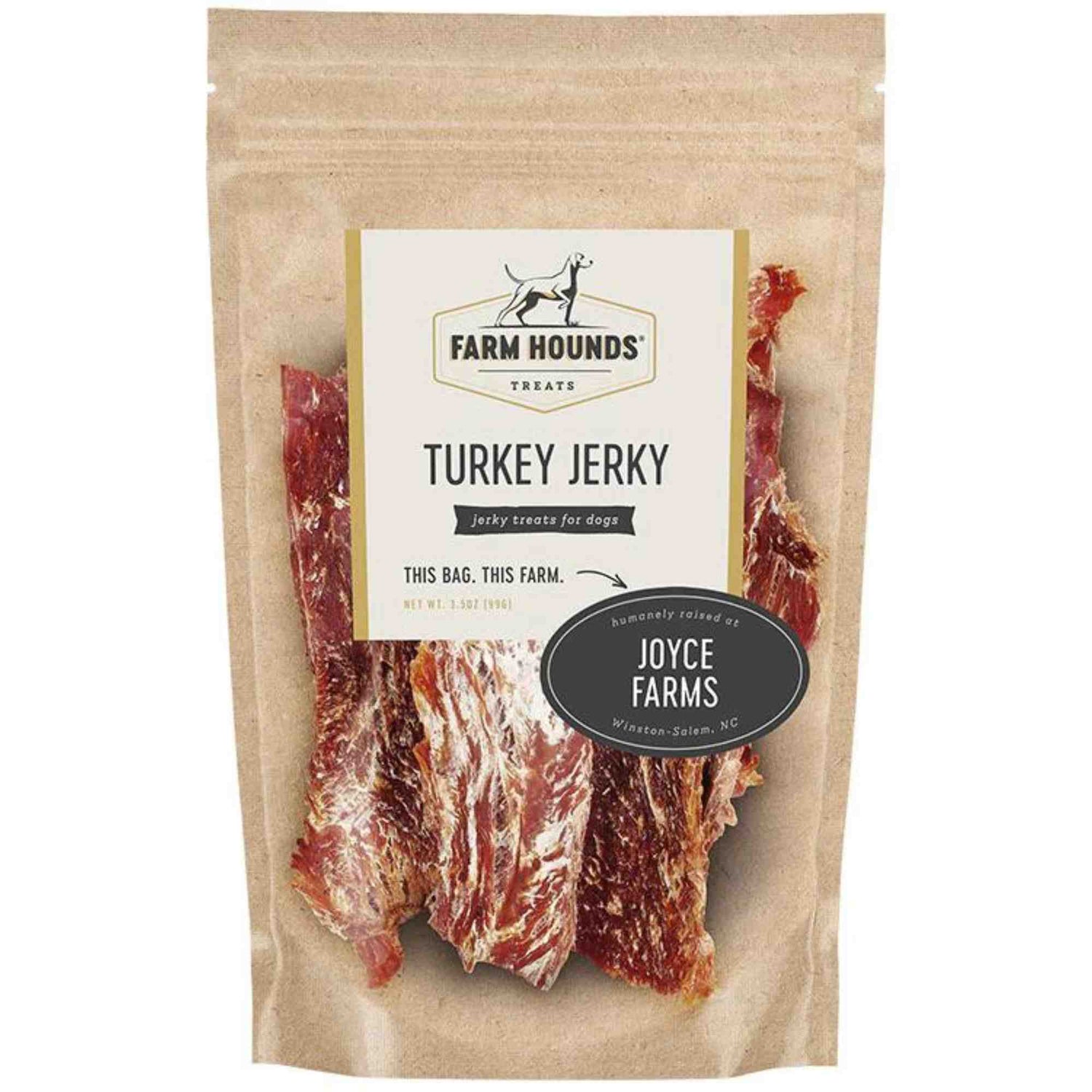 Turkey Jerky 3.5oz front Dehydrated Dog treat chew Joyce farms Farm Hounds