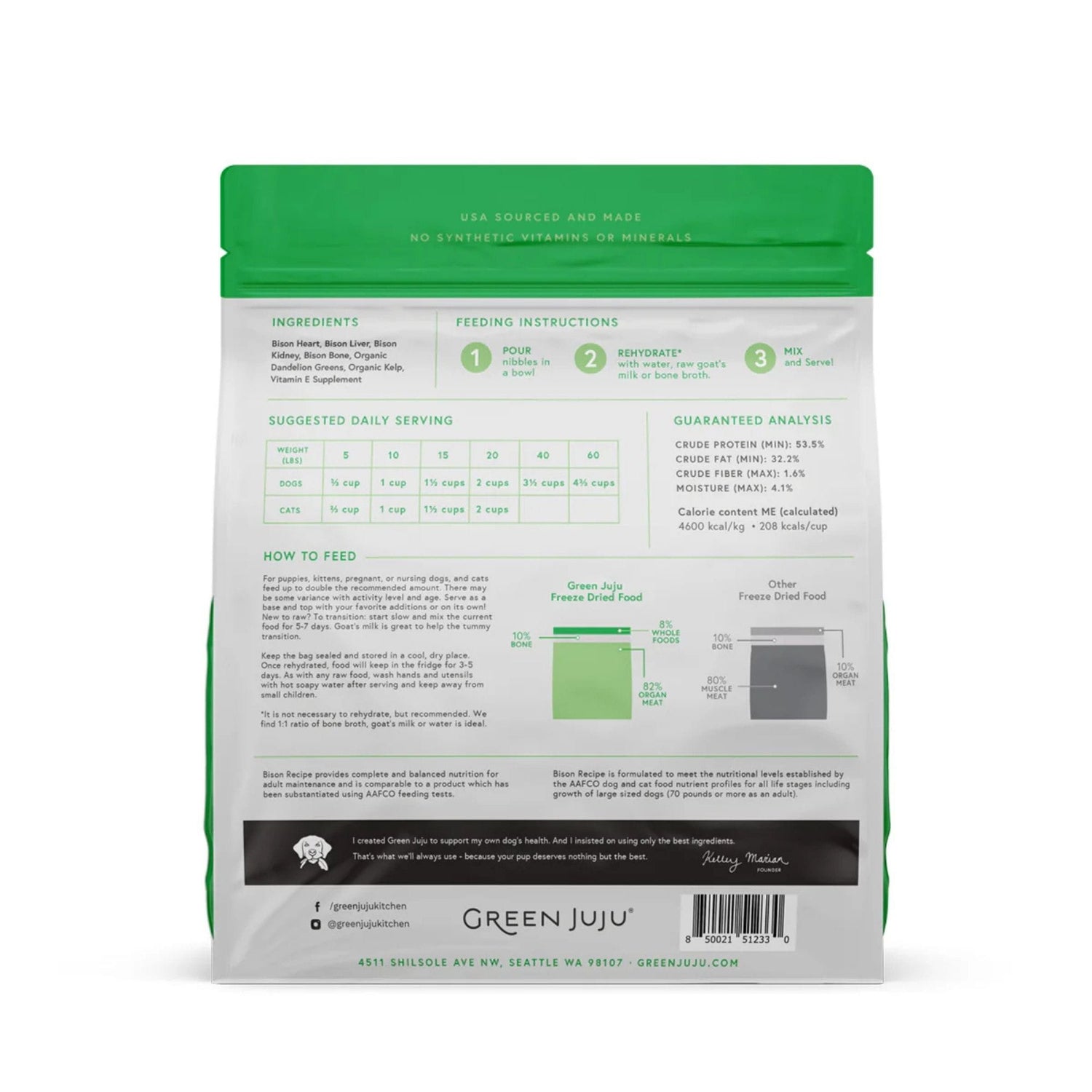 green juju freeze-dried raw bison recipe back of bag