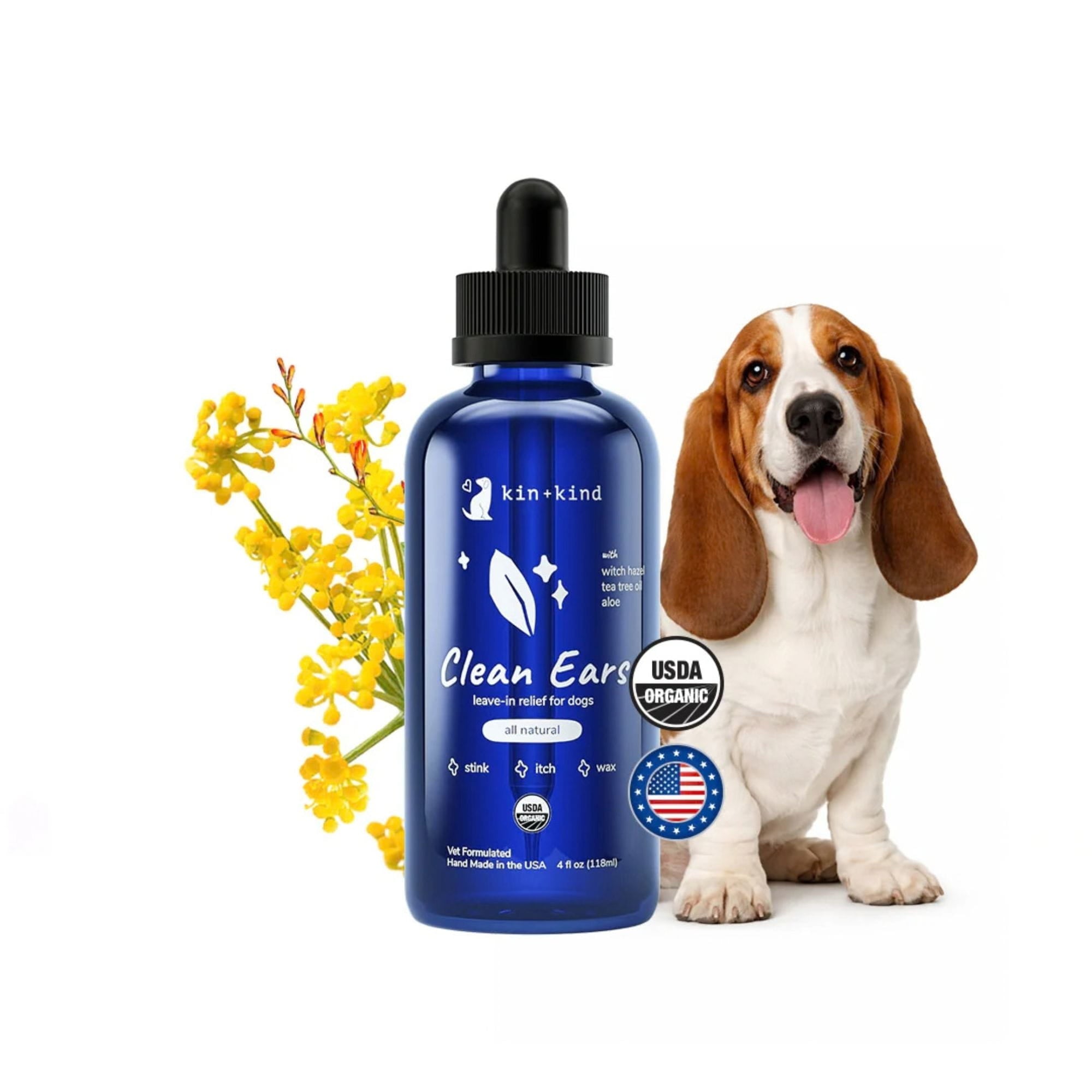Blue bottle of kin+kind Clean Ears product with a dog and yellow flowers on a white background