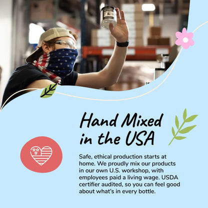 Person holding a product with text about Kin+Kind hand-mixed USA production