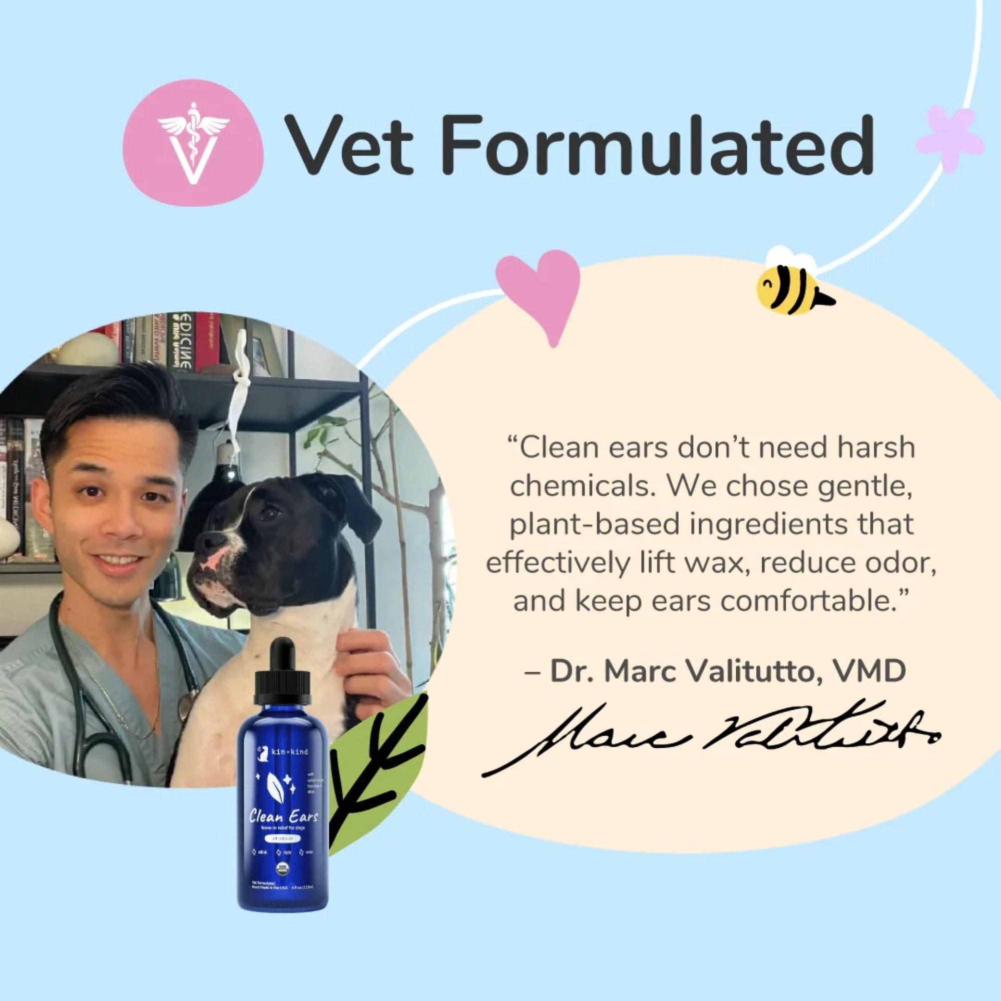 Kin+kind Vet Formulated ear cleaning product with a veterinarian and dog, featuring Dr. Marc Valitutto&