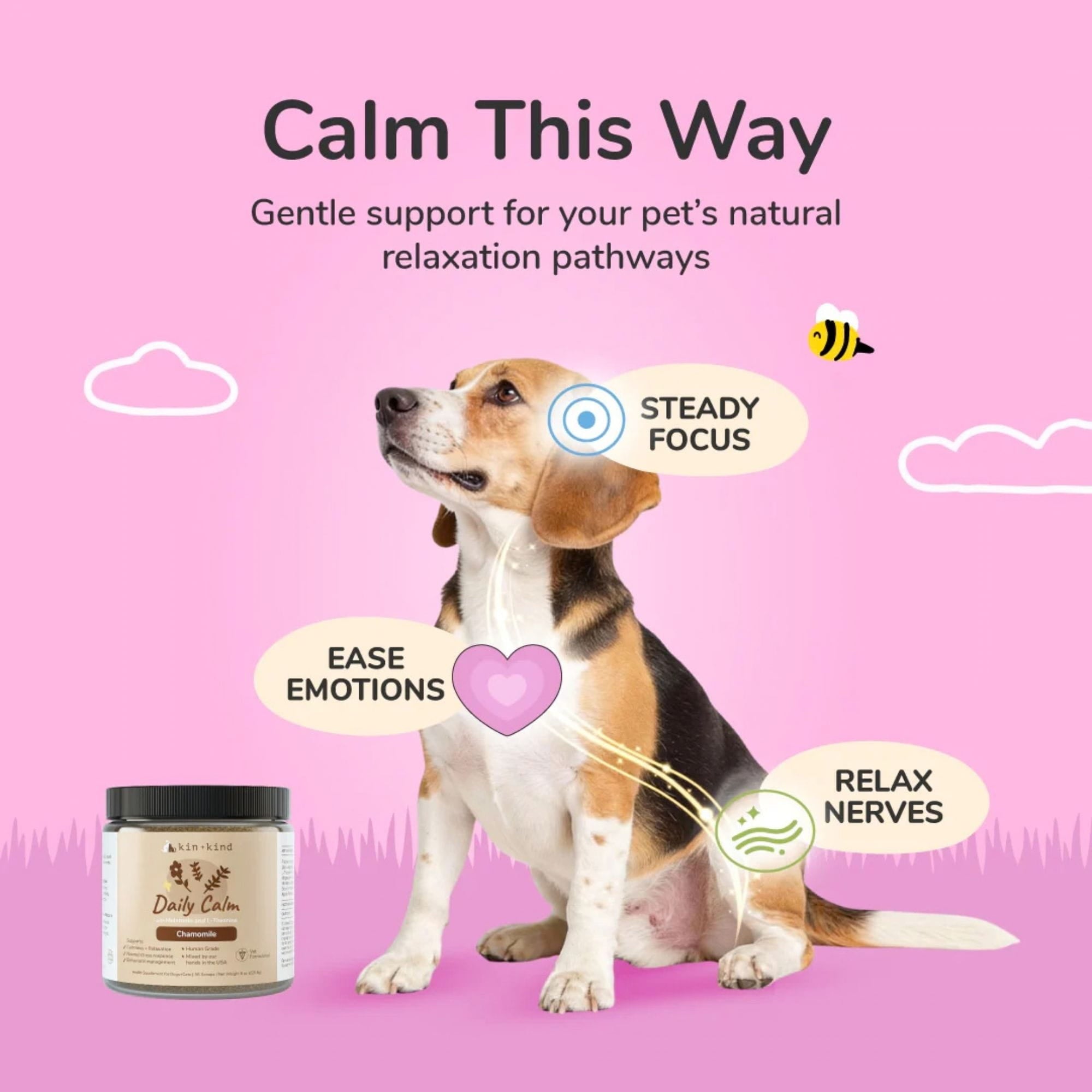 Kin+Kind daily calm with the benefits and a dog