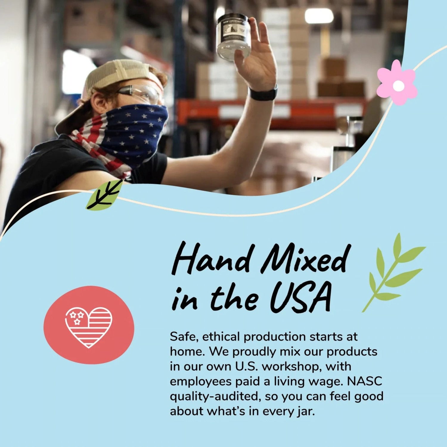 Person holding a jar with text about product safety and ethical production in the USA for Kin+Kind