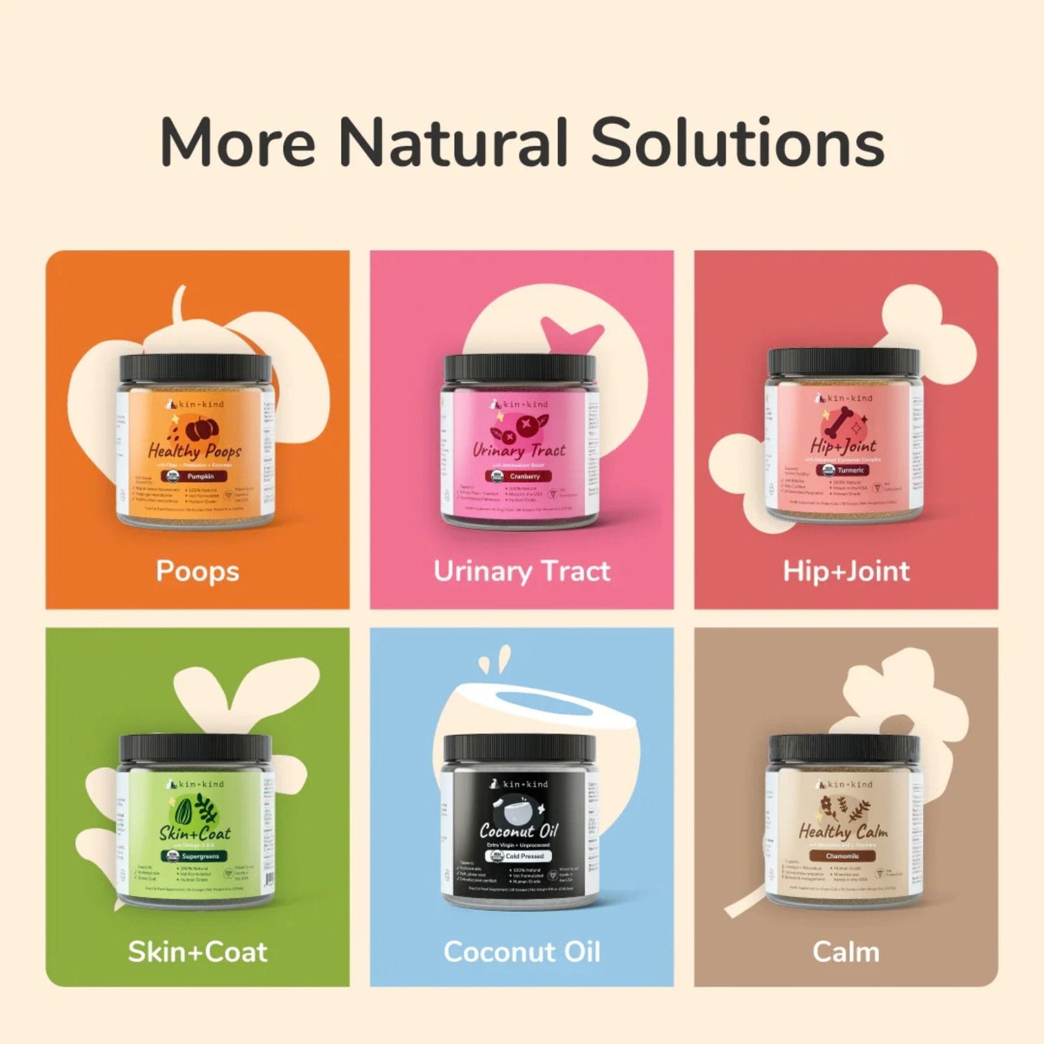 Kin+Kind Collection of pet supplements with labels for different health issues on a beige background.