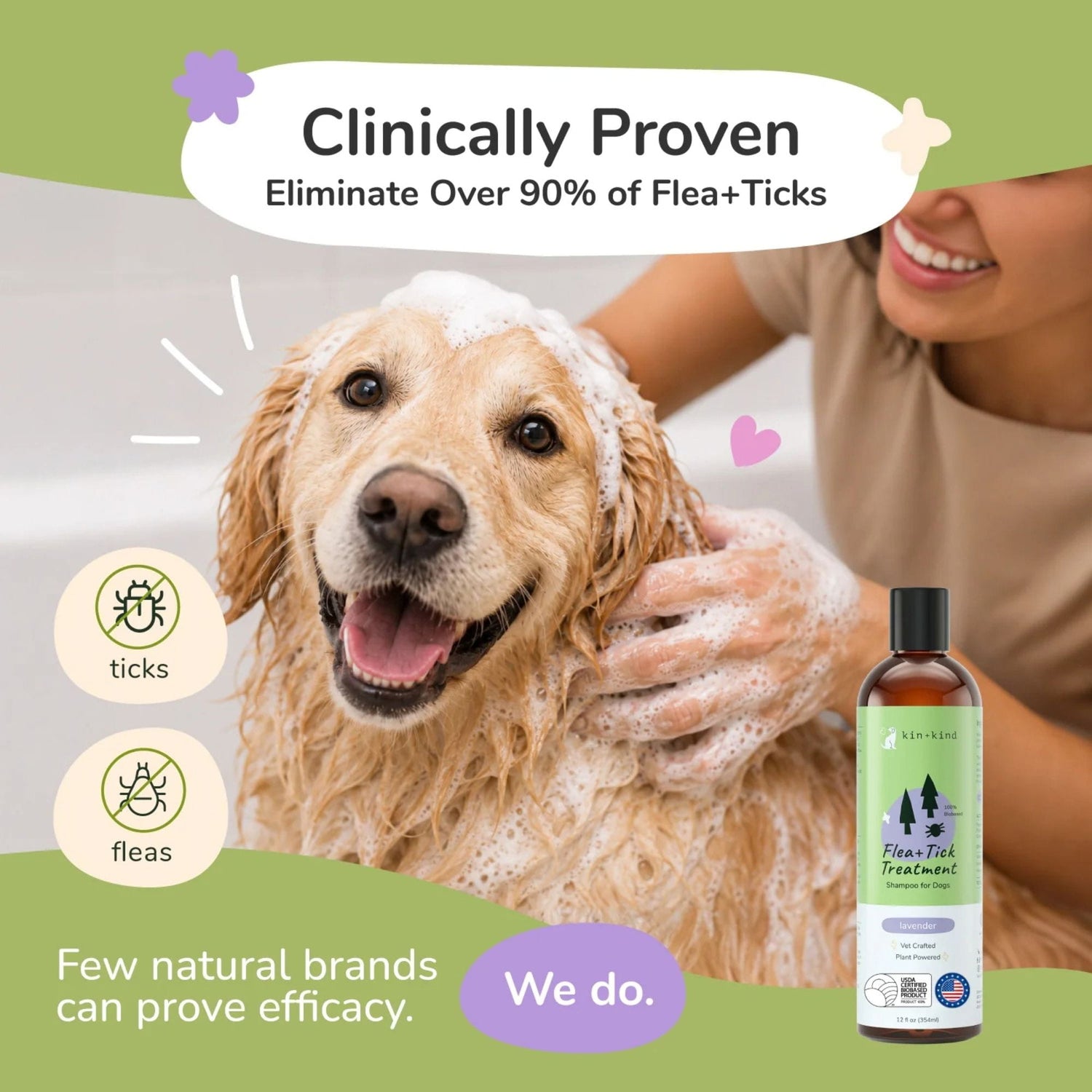 Dog being bathed with a bottle of  kin+kind flea and tick shampoo on a green background