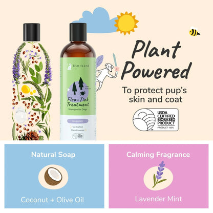 Kin+Kind flea and tick lavender shampoo bottles with plant-powered benefits and natural ingredients on a beige background.