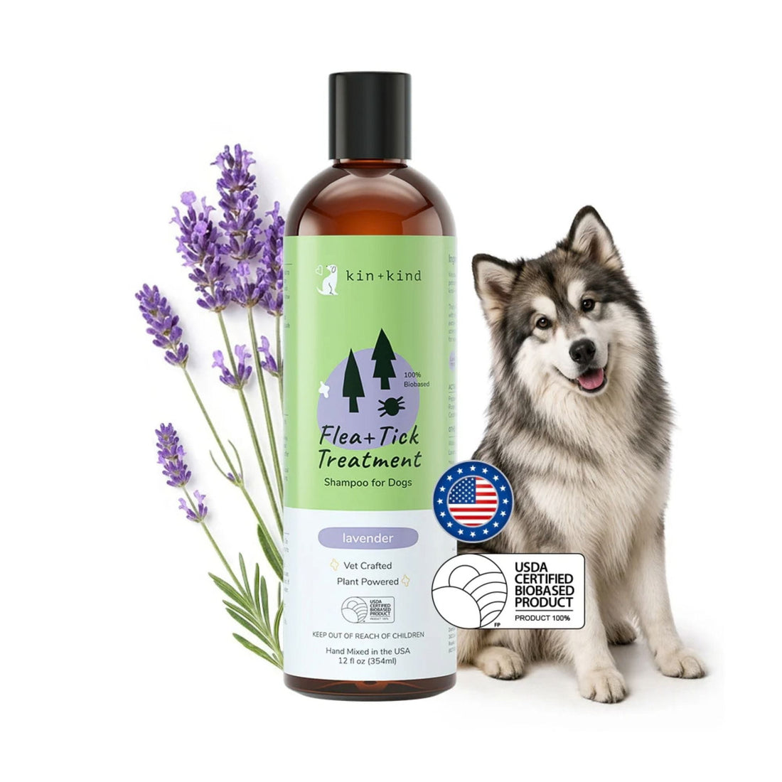 Kin+Kind flea and tick lavender shampoo bottle with lavender flowers and a dog on a white background