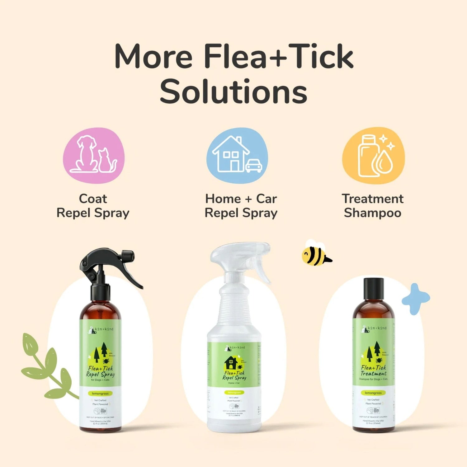 Kin+Kind Flea and tick solutions with product bottles on a beige background
