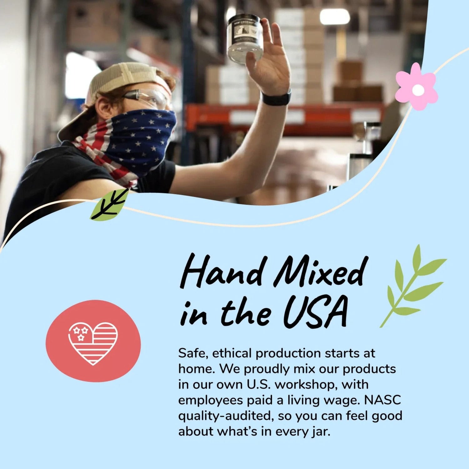 Person holding a jar with text about product safety and ethical production in the USA for kin+kind