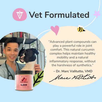 Advertisement for Kin+kind hip and joint with a veterinarian and dog, featuring &