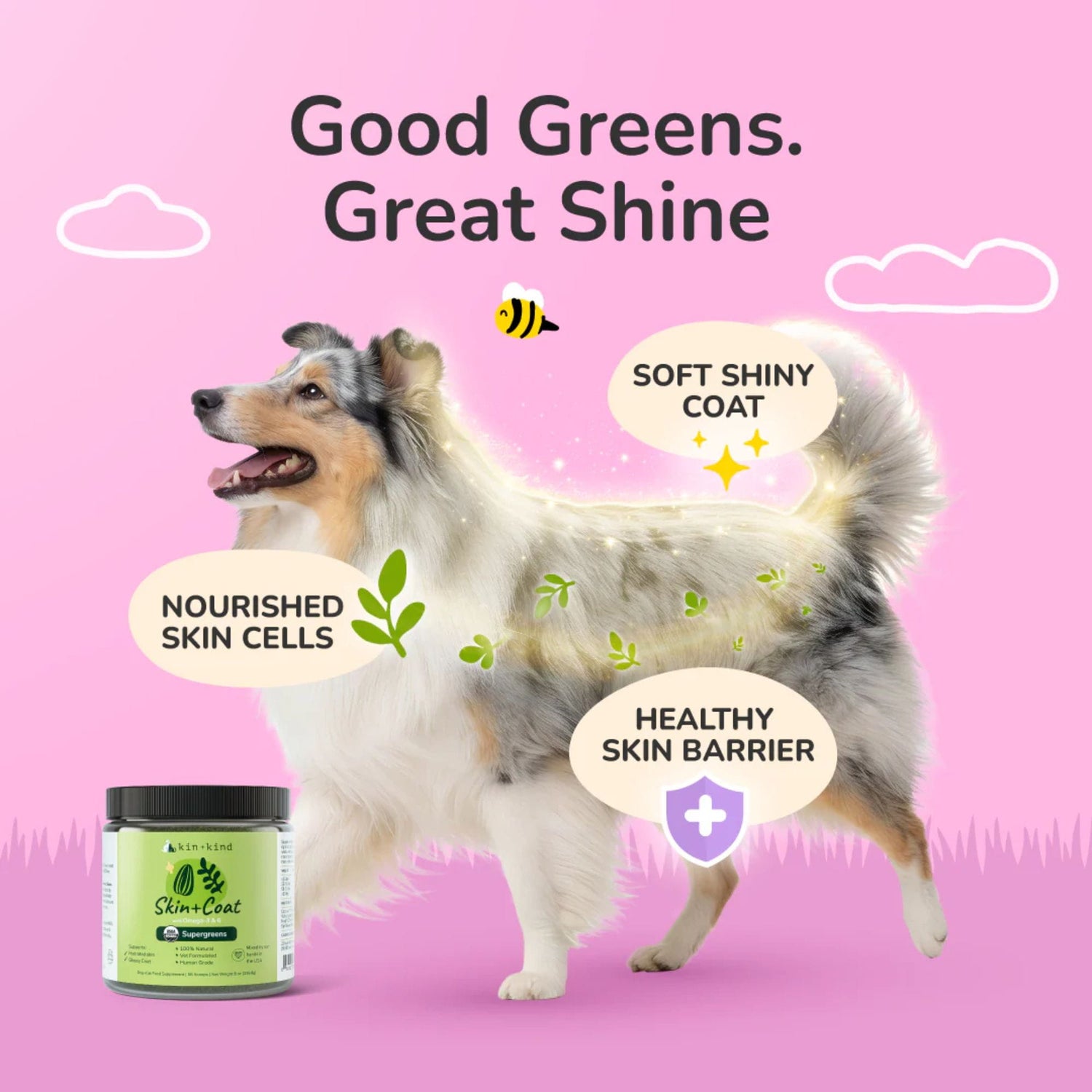 kin+kind Skin + Coat jar with dog and health benefits on pink background