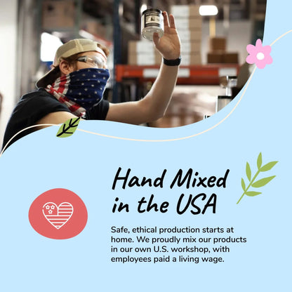 Person holding a product with text about hand-mixed USA production of Kin+Kind