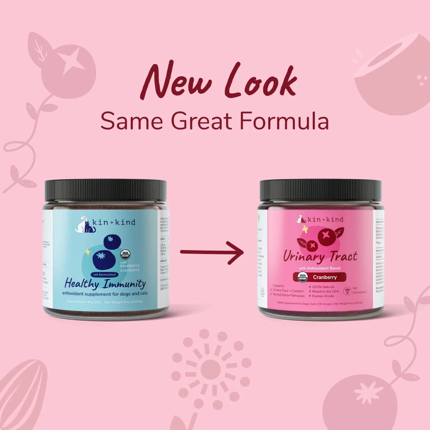 Kin+Kind Urinary Tract Antioxidant Boost for dogs and cats USDA Organic front of jar 