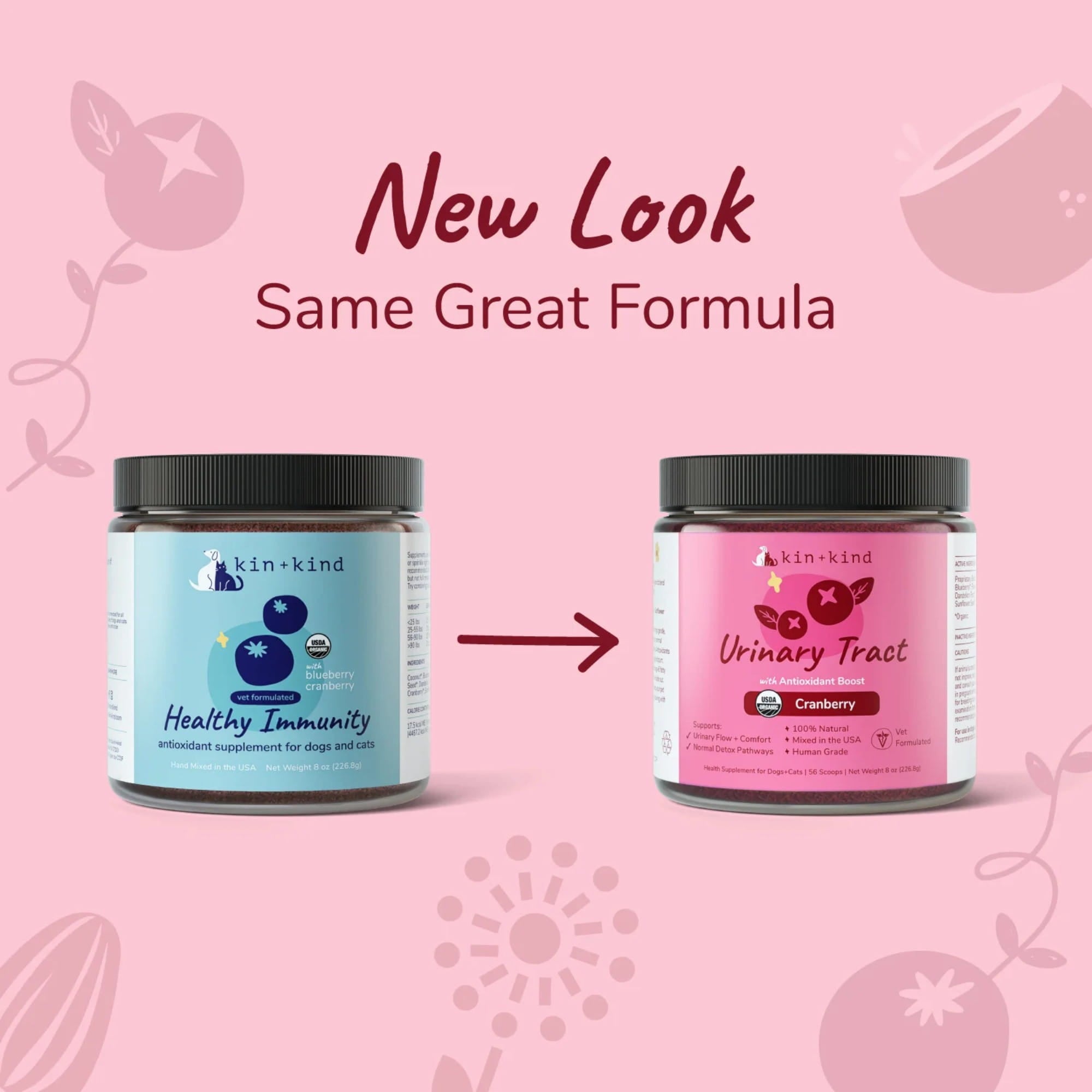 Kin+Kind Urinary Tract Antioxidant Boost for dogs and cats USDA Organic front of jar 