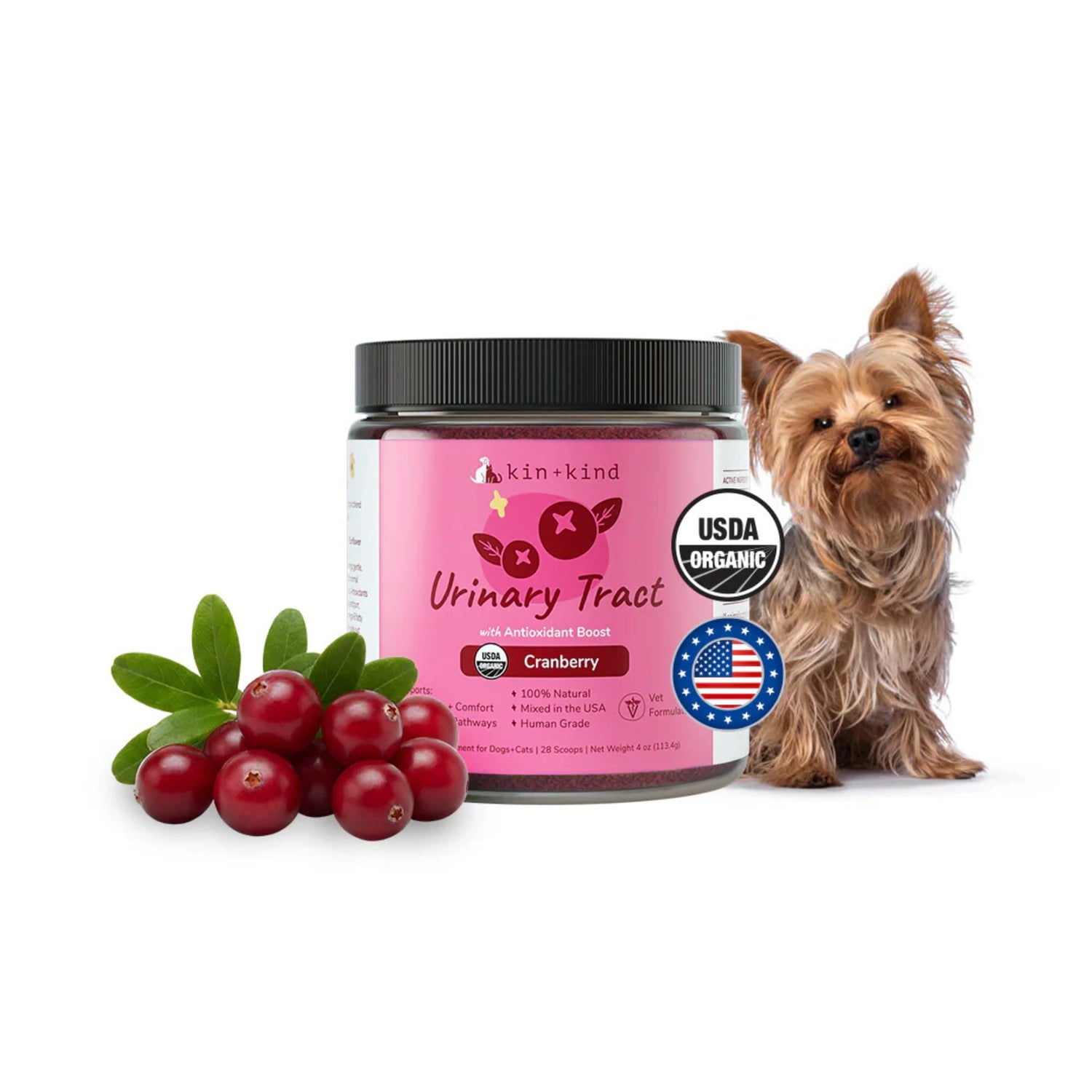 Kin+Kind Urinary Tract Antioxidant Boost for dogs and cats USDA Organic front of jar 