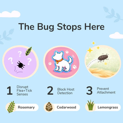 Diagram showing how kin+kind lemongrass repel spray repels fleas and ticks with images of a dog, flea, and tick, and text explaining the process.