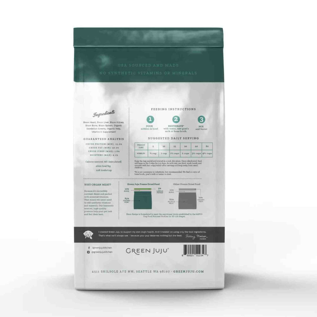 Bison Recipe - Freeze Dried Raw for dogs  complete and balanced green juju back of bag with instructions and ingredients