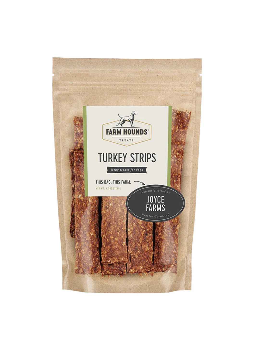 Turkey Strips 4.5oz front Dehydrated Dog treat chew joyce farms Farm Hounds